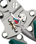 Close-up of Tough As Nails Foldable Wire Strippers And Cutter Crimper Tool for Electrical Cable Work with wires in grip.