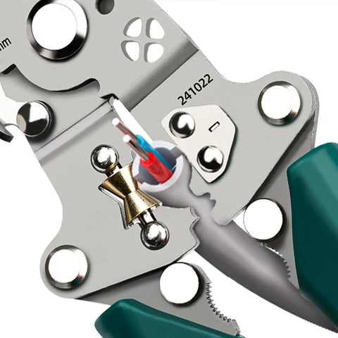 Close-up of Tough As Nails Foldable Wire Strippers And Cutter Crimper Tool for Electrical Cable Work with wires in grip.