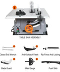 Heavy Duty 10 Inch Table Saw With 15 Amp Motor Delivers 5000 RPM Power For Ripping Through Hardwood And Pressure Treated Lumber components and assembly illustrations.