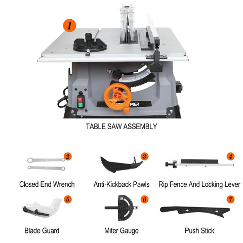 Heavy Duty 10 Inch Table Saw With 15 Amp Motor Delivers 5000 RPM Power For Ripping Through Hardwood And Pressure Treated Lumber components and assembly illustrations.