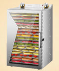 Heavy Duty Stainless Steel Food Dehydrator For Fruits Veggies And Meats with multiple trays filled with colorful produce.