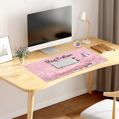 4-In-1 Gaming Desk Pad Set With Keyboard And Mouse Wrist Rests Coaster And Large Desk Mat For Home Office And Gaming Ergonomic Spill-Resistant Easy To Clean Pink Stay Positive on wooden desk with computer and lamp