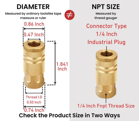 Diagram showing size and NPT details of Brass Quarter Inch Female Industrial Air Coupler from 10 Pack Quick Connector Fittings Set.