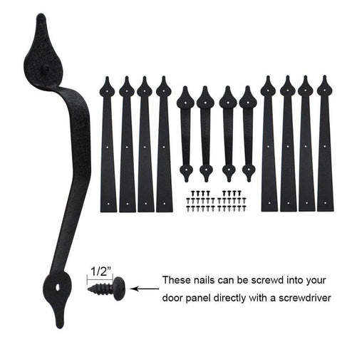 Decorative Rustic Metal Garage Door Hardware Kit With Screw In Carriage House Hinges Dummy Hinges And Handles In Black Matte Steel