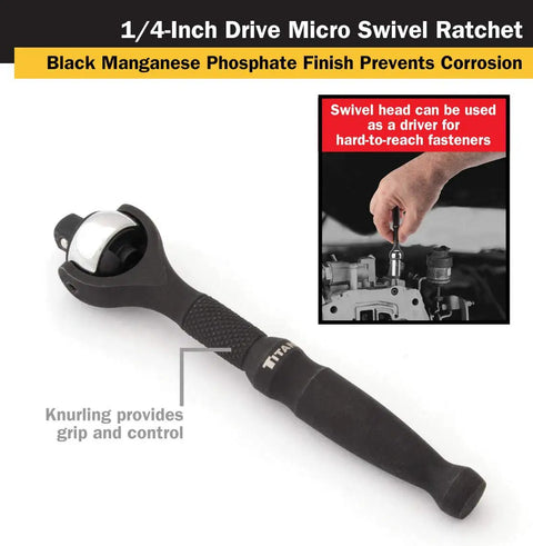 1/4-Inch Drive Micro Swivel Head Ratchet, Built Tough, 4-Inch Length, 90-Tooth Reversible Mechanism, Chrome Vanadium Steel