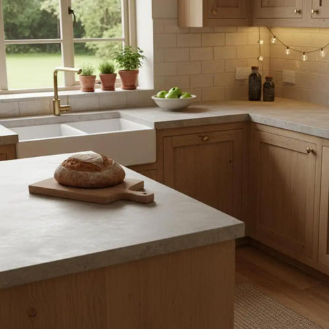 Heavy Duty Water Based Concrete Countertop Sealer With Slick Matte Finish And Food Safe Shield In A Tough Four Pack Kit For Quick Apply and Long Lasting Acrylic Guard on a kitchen island with bread and green apples.