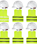 Six Pack White Hard Hats With 4 Point Suspension Adjustable Ratchet Vent Openings Sweatband Brow Pad ABS Construction Plus Six Reflective Safety Vests For Work Sites And Outdoor Labor Gear