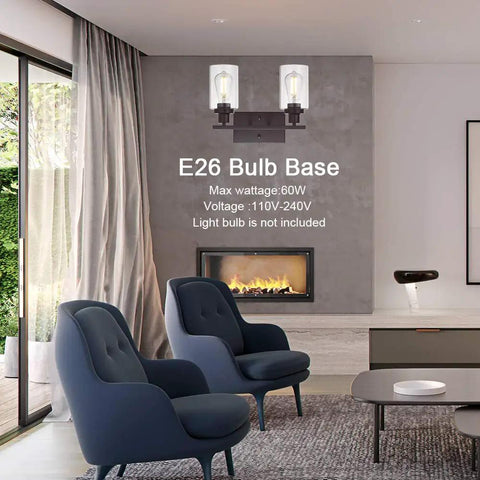 Two Light Industrial Wall Mount Sconces In Oil Rubbed Bronze With Clear Glass Shades In Living Room Setting