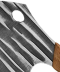 Close-up of Two Piece Meat Cleaver Set For Home Chefs And Grill Masters Carbon Steel Kitchen Knife blade texture and hole.