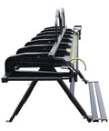 Side view of Siding Brake 10.5ft 24 Gauge Sheet Metal Bender with Roller Knife, adjustable angles, for roof repairs, metal bending tool.