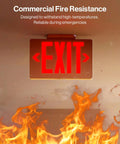 Six Pack Red LED Exit Signs Double Sided With 90 Minute Battery Backup For Emergency Exits High Visibility 6 Inch Letters Visible From 100 Feet With Arrow Knockouts And Durable Acrylic Faces For Long Term Hallway Safety. double-sided red LED exit sign in fire test