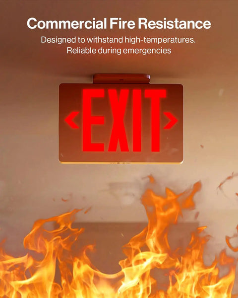 Six Pack Red LED Exit Signs Double Sided With 90 Minute Battery Backup For Emergency Exits High Visibility 6 Inch Letters Visible From 100 Feet With Arrow Knockouts And Durable Acrylic Faces For Long Term Hallway Safety. double-sided red LED exit sign in fire test