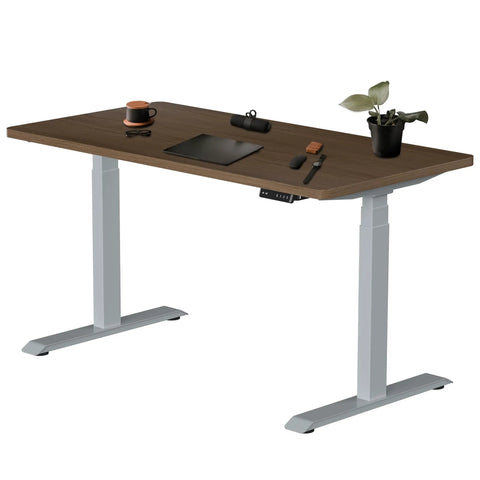 Stylish Grey Dual Motor Electric Standing Desk Frame With Built In Usb A Plus C Charging Ports Smooth Height Adjustable Sit Stand Base Sturdy Steel Legs For Home Office Workstation Setup Super Easy To Assemble with a wooden top and office supplies.