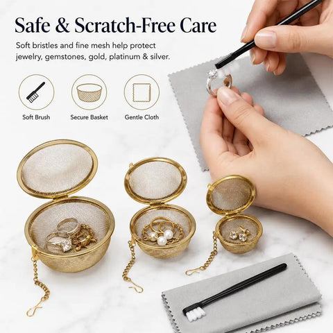 Slick All In One Jewelry Cleaning Kit Featuring Three Stainless Steel Ultrasonic Baskets, soft brush and polishing cloth in use.