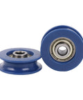 U-Groove POM Pulley Set Of 4, 5Mm Bore, 25Mm OD, Heavy Duty Track Roller For CNC And 3D Printer Motion, Rock-Solid, Low Friction Rotation, 30Kg Load Capacity, Ready For Easy Shaft Mount blue U-groove pulley close-up