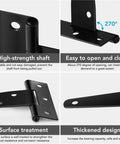 Four details of Six Pack Four Inch T Shaped Rust Proof Iron Light Shed Hinges for Doors and Cabinets, black finish, 270-degree swing
