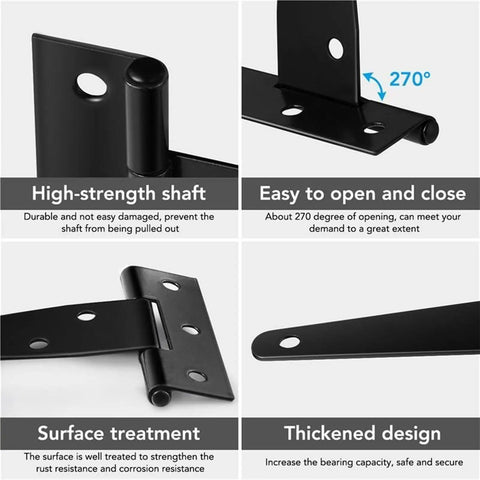 Four details of Six Pack Four Inch T Shaped Rust Proof Iron Light Shed Hinges for Doors and Cabinets, black finish, 270-degree swing