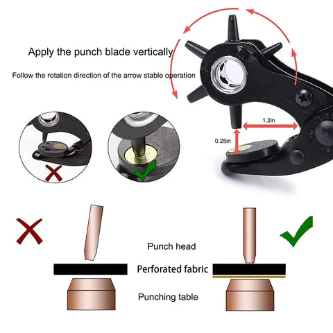 Diagram of rotating leather hole punch kit with instructions for use, showing correct blade application and measurement details.