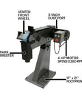 Pro Grade 3 By 79 Inch Belt Grinder With A Rock Solid 4 Hp Motor Built Like A Tank For Precise Belt Tracking And Smoother Grinds At 230 Or 460 Volt Three Phase, showcasing 4-HP motor, dust port, and spark arrester.