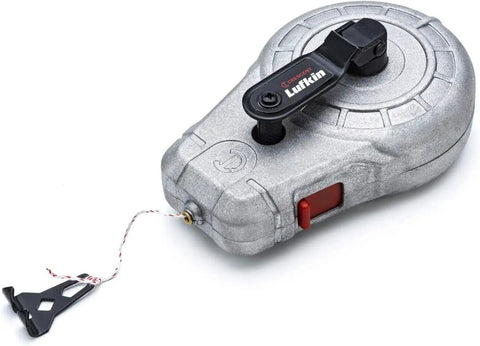 100 Foot Aluminum Chalk Reel With Sliding Chalk Refilling Door, Pro Grade Durability From A Cast Aluminum Body, Centerline Marker For Plumb, And Built In End Hook Dock For Safe Storage On Any Jobsite, shown closed with attached reel hook.