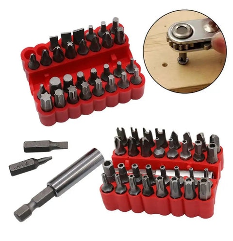 Built Tough 33 Piece Security Tamper Proof Bit Set With Torx T10 T15 Hex And Tri Wing Electric Screwdriver Bits. Red organizer with bits.