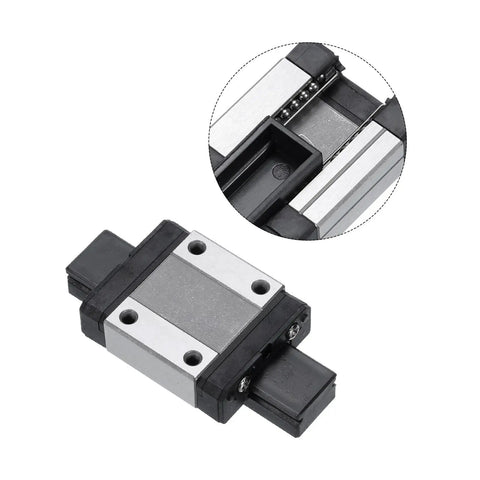 Close-up and angled view of MGN12C Bearing Steel Carriage Block with Plastic Anti Fall Strip for 12mm Linear Motion Slide Rail Guide silver tone.