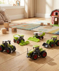 Five Piece Green Die Cast Farm Machinery Toys Set with mini tractors and harvesters on a playroom floor, each about 4.5 cm.