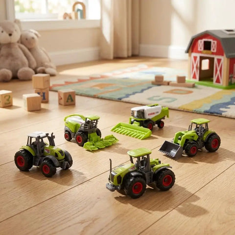 Five Piece Green Die Cast Farm Machinery Toys Set with mini tractors and harvesters on a playroom floor, each about 4.5 cm.