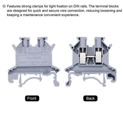 Front and back view of 20 Pack Rail Mount Screw Terminal Blocks With Fuse Holder And Wire End Brackets Stopper Din Rail Compatible For DIY Electronics Circuits Machines And Appliances Durable PA66 Housing Copper Alloy Nickel Plated Screws