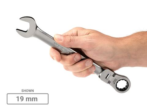 Hand holding 19mm wrench from Flex Head Ratcheting Wrench Set With Modular Organizer, 34-Piece Inch And Metric Kit For Auto And Home Projects