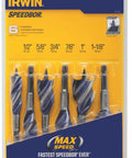 Irwin Speedbor 6-piece wood drill bit set in yellow packaging; sizes 1/2 in, 5/8 in, 3/4 in, 7/8 in, 1 in, 1-1/8 in