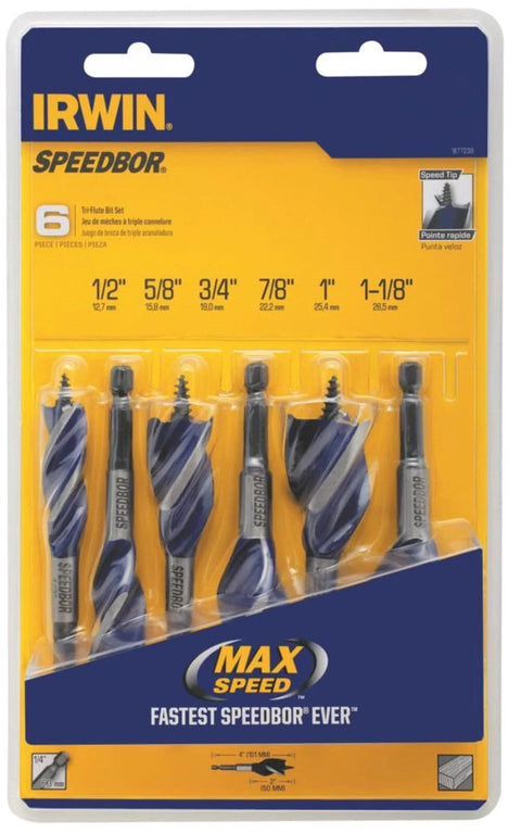 Irwin Speedbor 6-piece wood drill bit set in yellow packaging; sizes 1/2 in, 5/8 in, 3/4 in, 7/8 in, 1 in, 1-1/8 in