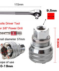 Adjustable Universal Socket Wrench Kit With Three Eighths Inch Hex Adapters For Drilling And Fastening, chrome details