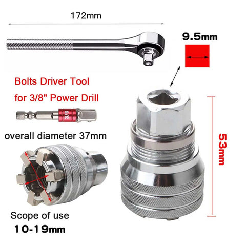 Adjustable Universal Socket Wrench Kit With Three Eighths Inch Hex Adapters For Drilling And Fastening, chrome details