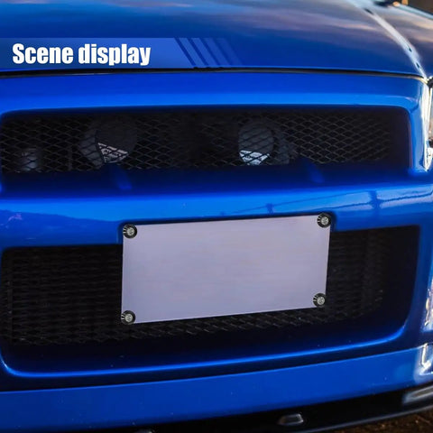 Close-up of a blue car with 4 Pack Aluminum Alloy License Plate Bolts Anti Theft M6 Screws For Cars Trucks And Motorcycles Black Fasteners