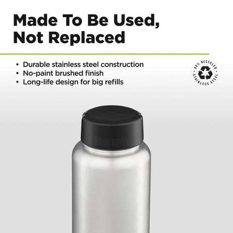 No Sweat Wide Mouth Stainless Steel Water Bottle With Loop Cap 40 Oz Non Insulated BPA Free with brushed finish and cap.
