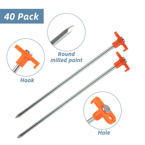 Heavy Duty Tent Stakes 40 Pack, 10 Inch Galvanized Metal Tent Pegs with orange tops and round milled points for outdoor camping