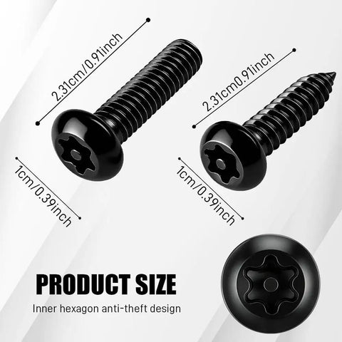 Heavy Duty Stainless Steel Anti Theft License Plate Screws And Security Bolts For Cars, showing hexagon design and measurements.