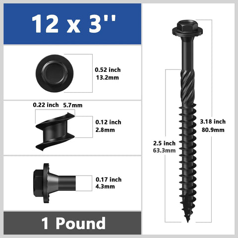 Black Hex Lag Screws Structural Wood Screws Heavy Duty Exterior Hardware Rust Resistant Washer Head 32 Pack showing size and dimensions.