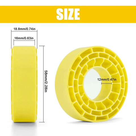 Side and angled view of yellow 1.0in silicone RC inserts with measurements for Silicone Rubber Inserts For 62-64mm Outer Diameter By 22-24mm Width In 1.0 Inch Yellow RC Crawler Tire Inserts Compatible With 64x24mm T1011 And Similar RC Tires Durable High Performance Build For Rugged RC Use.