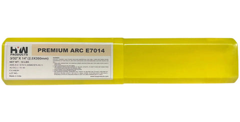 Yellow packaging for Workhorse Arc Stick Electrodes For Structural Welds, Three Thirty Second Inch By Fourteen Inch Rods.