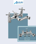 Polished Chrome Tub Filler And Wall Mount Faucet Set With Dual Cross Handles All Metal Brass Construction, Size Dimensions Shown
