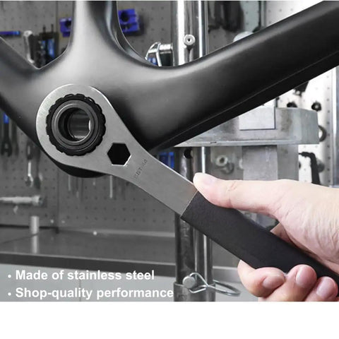 Person using 44mm OD 16-Notch Threaded Bottom Bracket Tool For Shimano Hollowtech SRAM Truvativ Campagnolo on bike frame