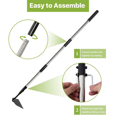 Instructions for assembling Beast Of A Heavy Duty Garden Hoe With Long Handle For No Sweat Weeding And Tilling, showing handle attachment.