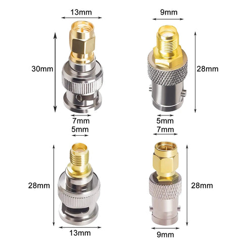 SMA to BNC Connector Kit 8 Piece Set Copper Gold Plated Coaxial Adapters for 50 Ohm Systems with dimensions shown