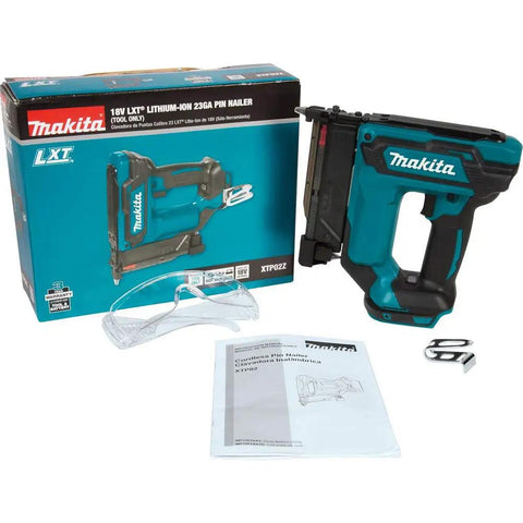 Cordless 18V LXT 23 Gauge Pin Nailer Pro Grade with box, goggles, and manual for woodworking trim and finish