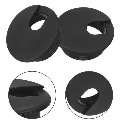 Rock This Black 60 Piece Cable Management Kit With Square Hole Covers To Keep Your Desk Wire Organized And Tangle Free For A Squeaky Clean Home Office Setup black plastic desk grommets shown in close-up