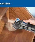 Hand using MM50-01 Multi-Max Oscillating Tool Kit Pro Grade With Low Vibration For Precise Clean Cuts on wooden surface