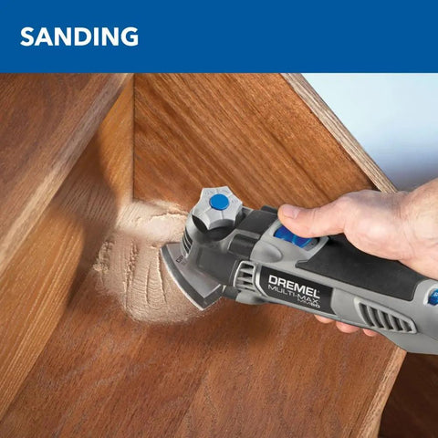 Top Notch 5 Amp Corded Oscillating Multi Tool Featuring Variable Speed And Low Vibration sanding wood surface with an ergonomic grip.
