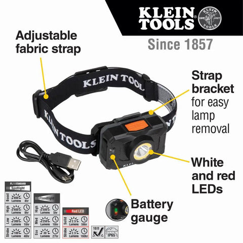 Rechargeable Two Color LED Headlamp With Durable Fabric Strap, Spotlight And Floodlight Modes, Red LED Indicator, USB cable shown